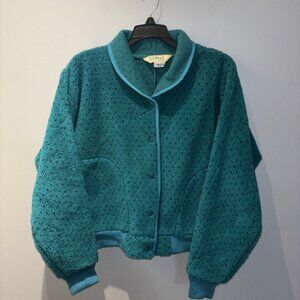 Vintage LL Bean Fleece Jacket Womens M Teal with Polka Dots Made in USA 90s